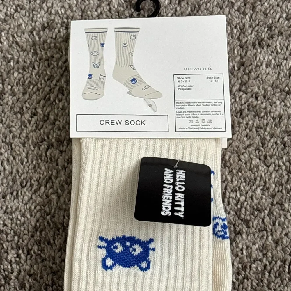 Hello Kitty & Friends Crew Socks Adult White Blue Ribbed Kawaii NWT Bio World